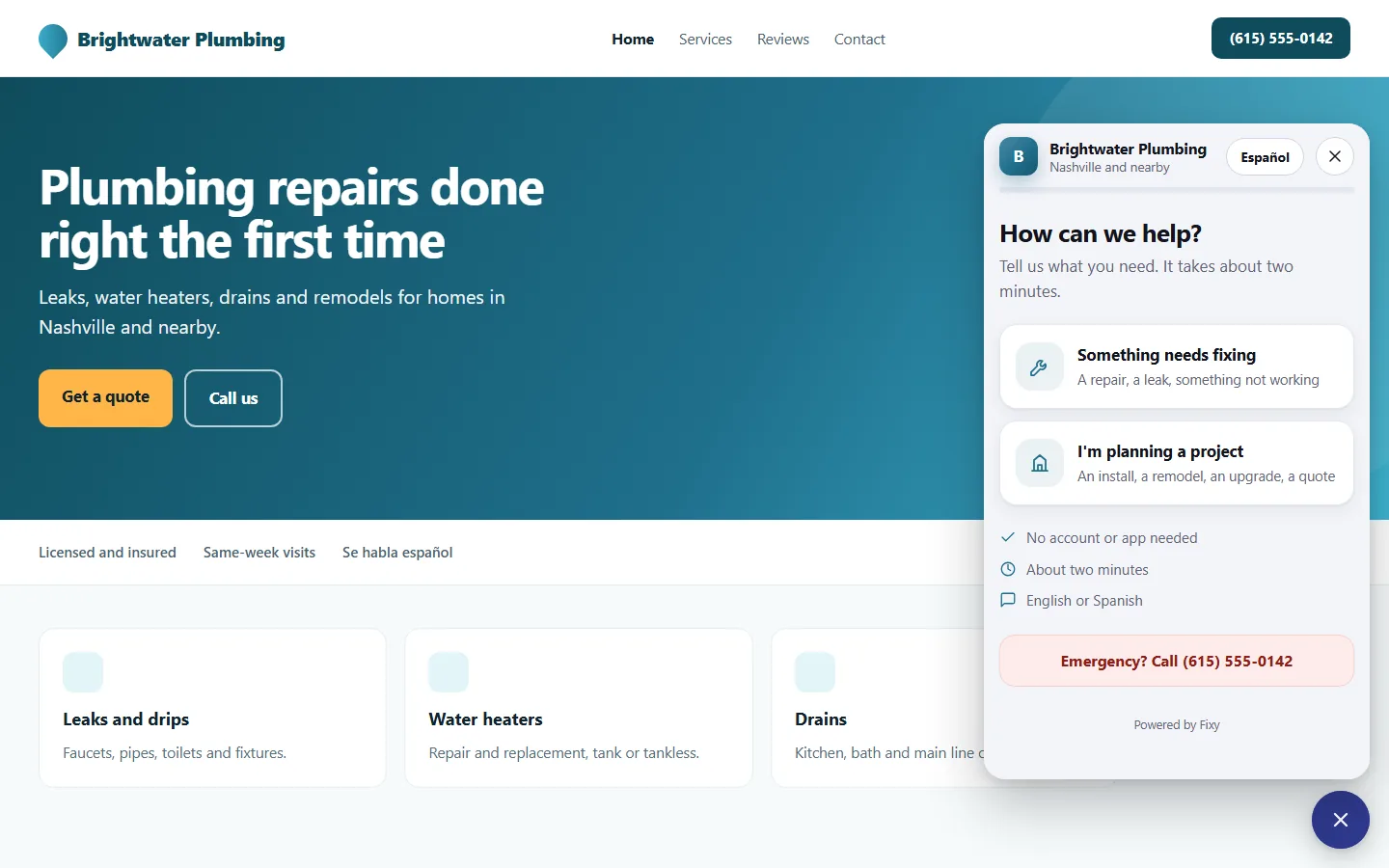 A sample contractor website with the Fixy AI request form open in the bottom-right corner