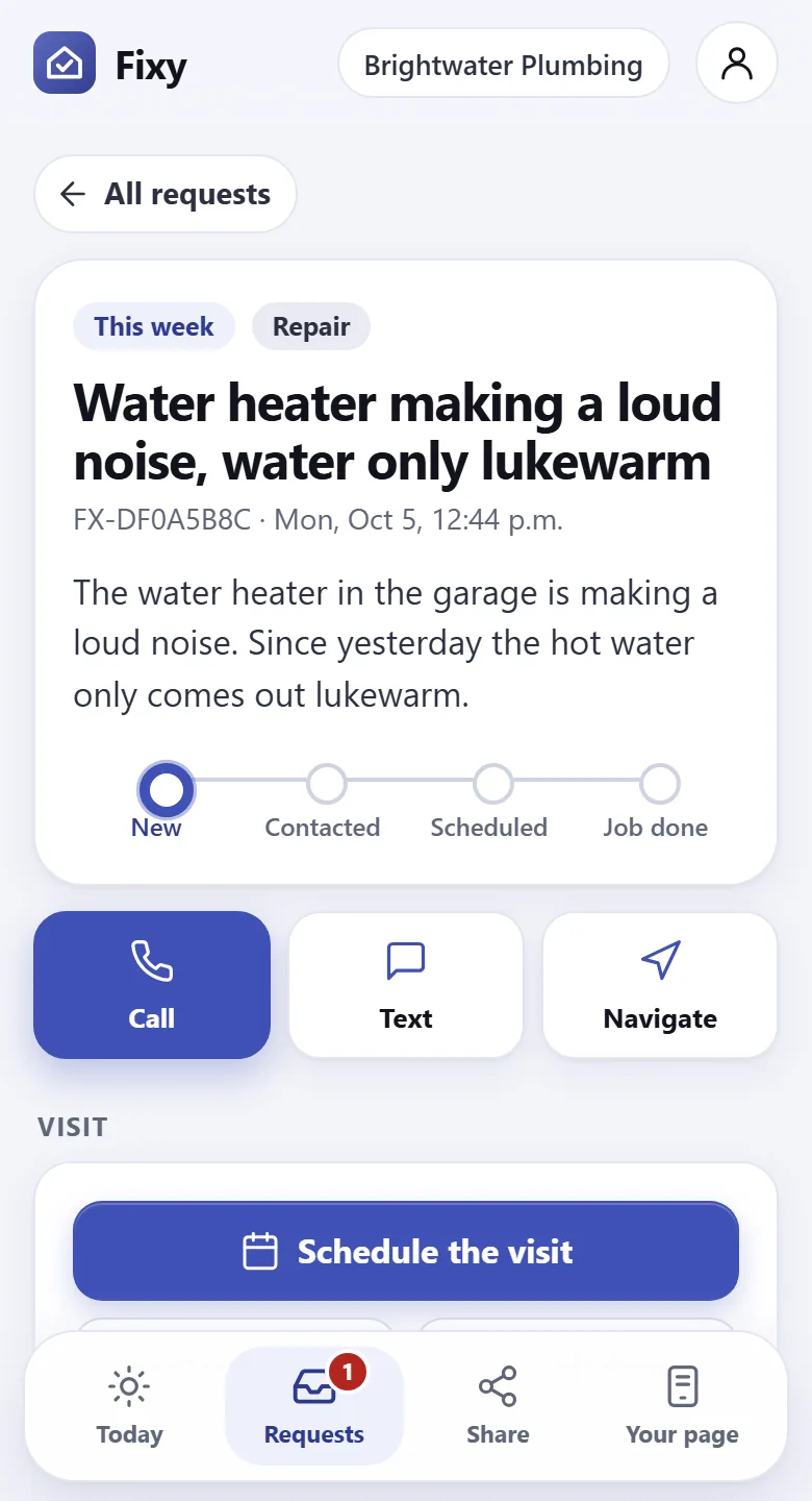 A request summary in the Fixy workspace