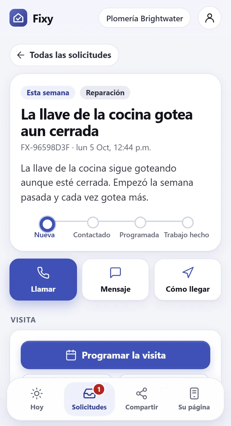 El resumen de una solicitud en el espacio de trabajo de Fixy